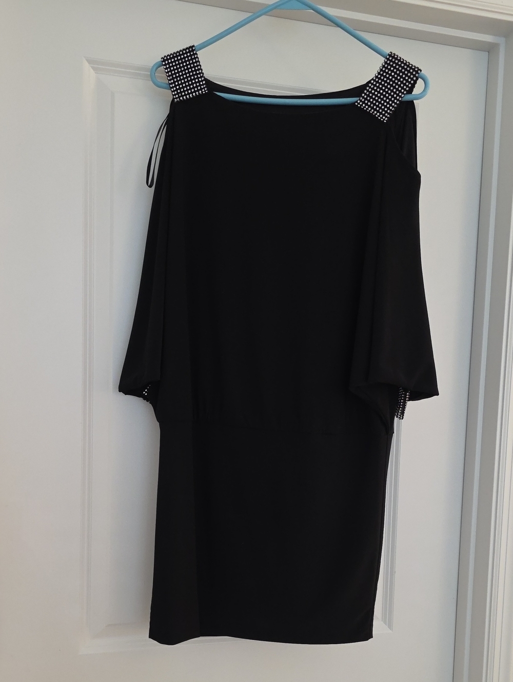 Black Cold-Shoulder Mini Dress with Embellished Shoulder Straps